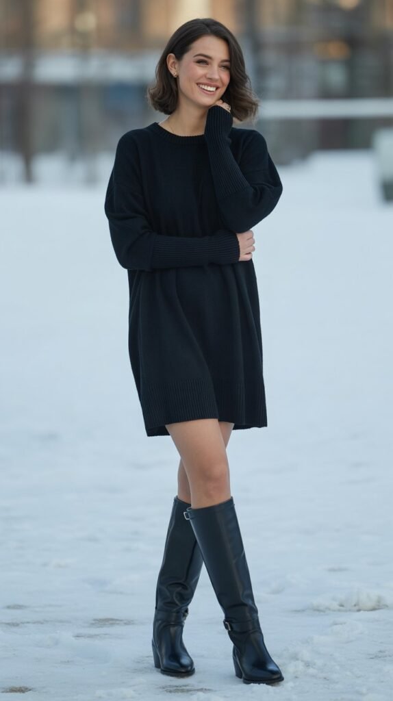 Black Sweater Dress with Knee-High Boots