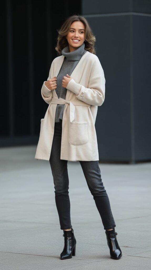 Belted Cardigan with Turtleneck, Skinny Jeans, and Heeled Boots