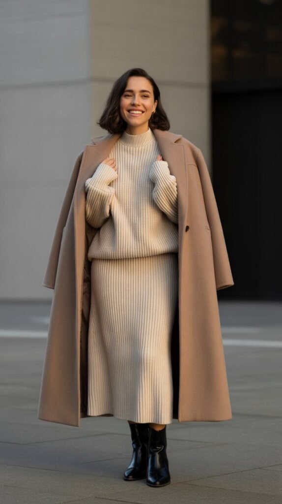 Knit Co-Ord Set with Long Coat and Ankle Boots