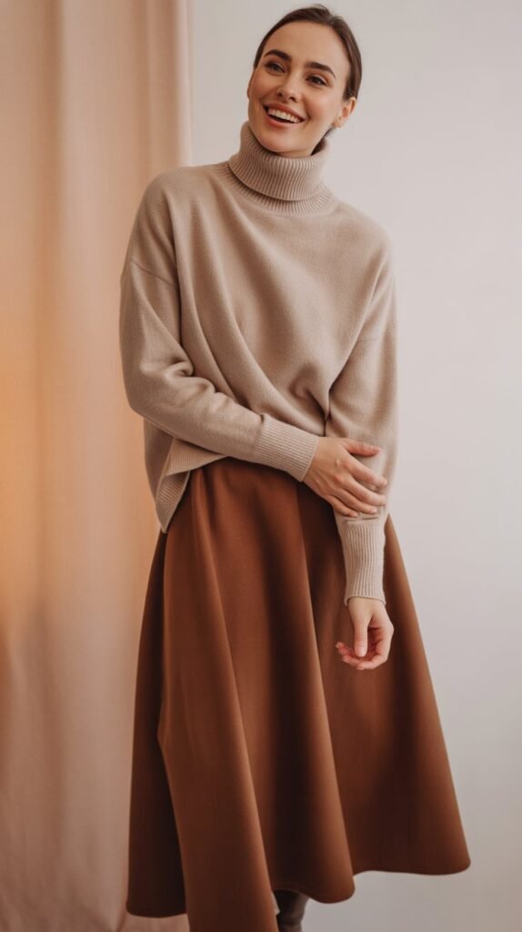 Beige Turtleneck with Chocolate Brown Skirt