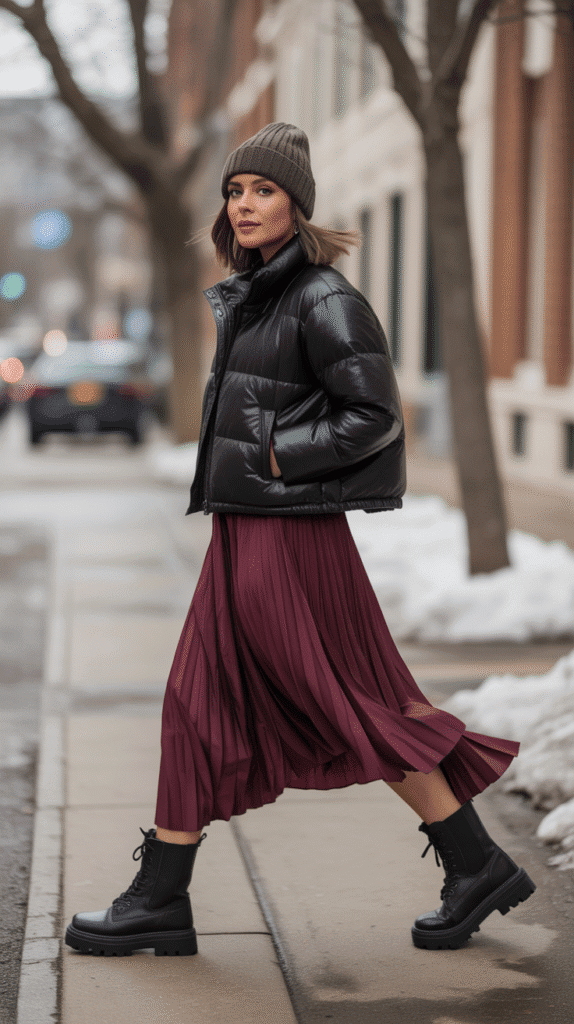 Puffer Jacket with Midi Skirt