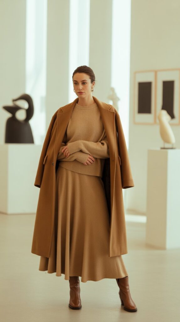 25 Casual Winter Outfits for Women That Are Cute and Comfy 23 Knit Co-Ord Set with Long Coat and Ankle Boots