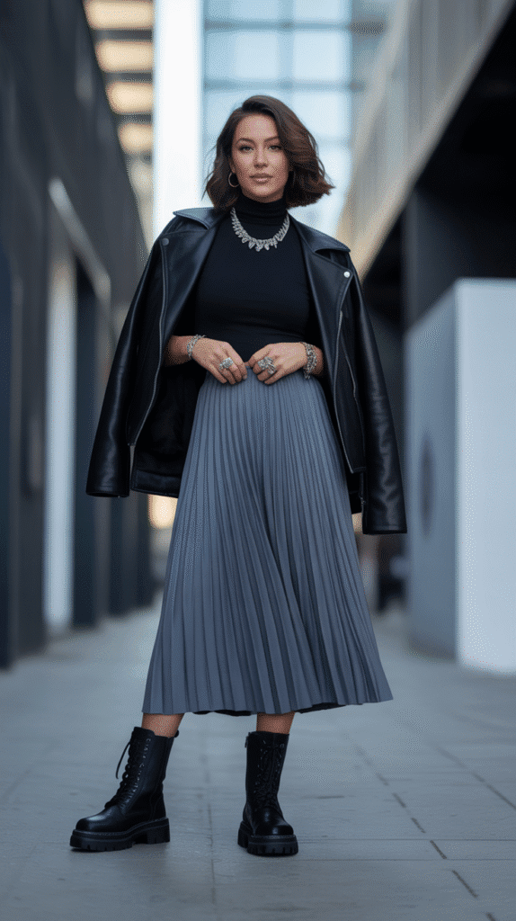  Pleated Skirt with Combat Boots