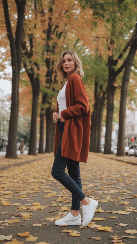 28 Sporty and Stylish Casual Fall Outfits for Women with Sneakers 1 Classic White Sneakers with Skinny Jeans and Oversized Cardigan