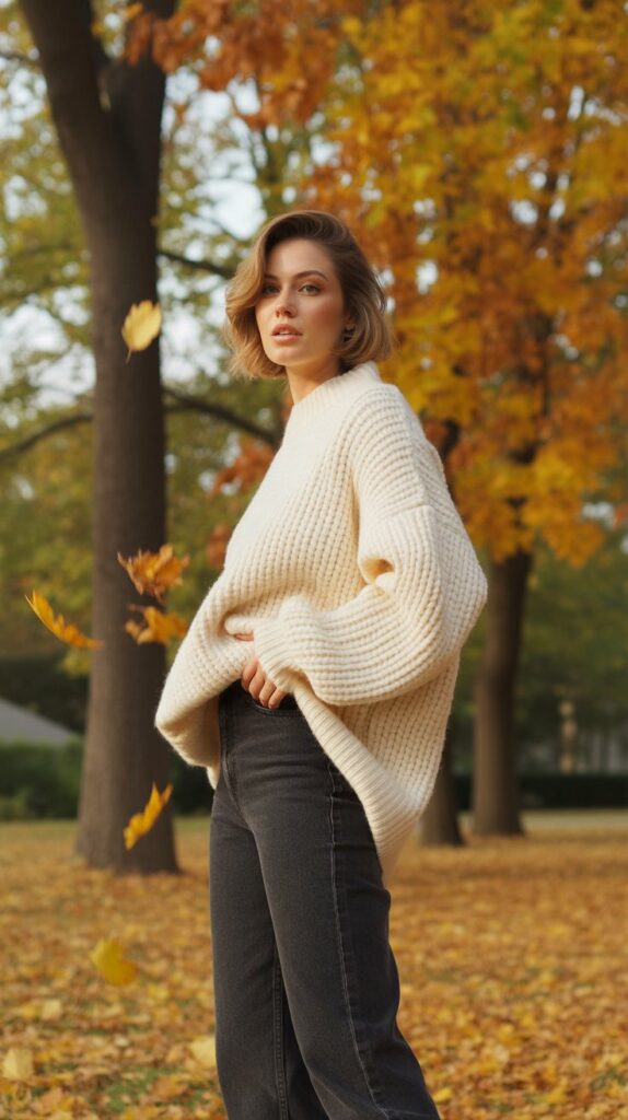30 Best Casual Fall Outfits for Women 2025 1 Oversized Knit Sweater with High-Waisted Jeans