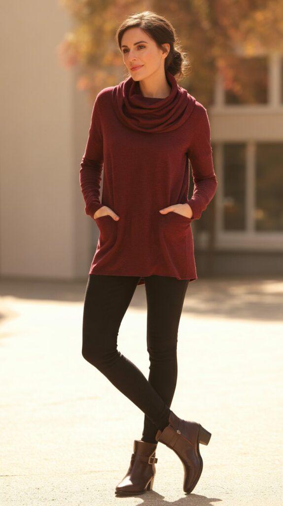 33 Trendy Casual Fall Outfits for Women with Leggings 22 Cowl Neck Sweater and Leggings