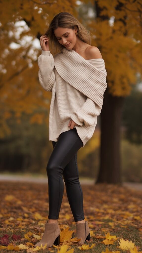 33 Trendy Casual Fall Outfits for Women with Leggings 27 Off-Shoulder Sweater and Leggings