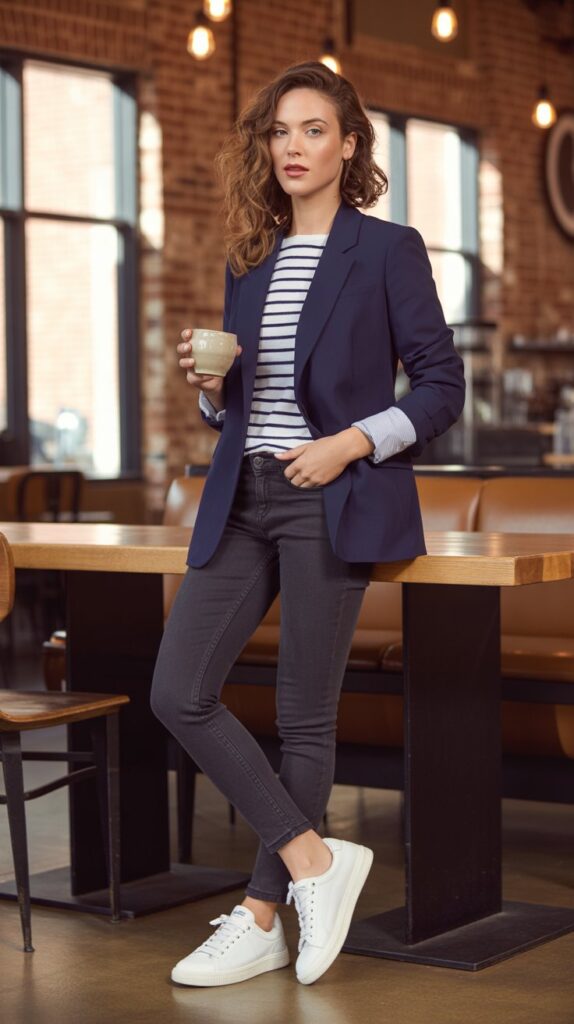 28 Classy Winter Outfits for Women for an Elegant Cold-Weather Look 14 Navy Blazer with Striped Shirt and Jeans