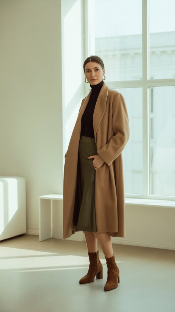 25 Casual Winter Outfits for Women That Are Cute and Comfy 5 Cardigan Coat with Turtleneck, Midi Skirt, and Booties