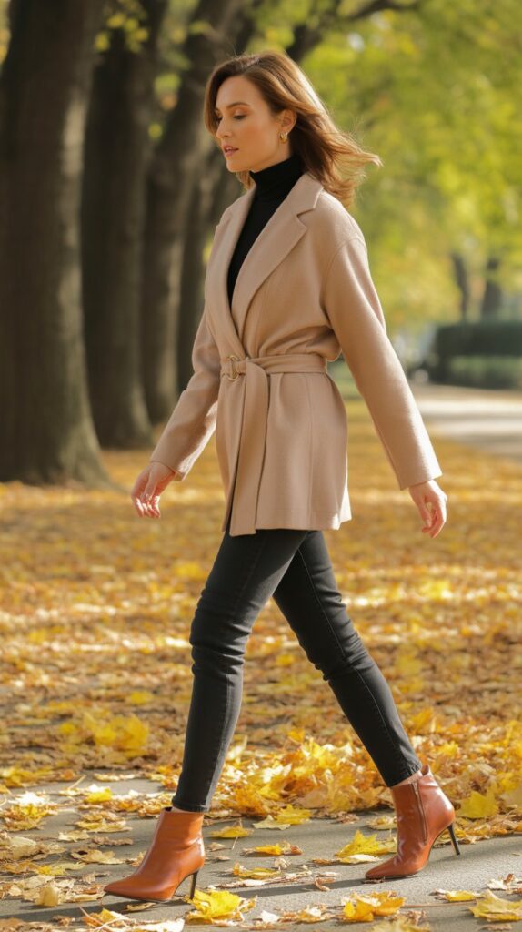25 Casual Winter Outfits for Women That Are Cute and Comfy 17 Belted Cardigan with Turtleneck, Skinny Jeans, and Heeled Boots
