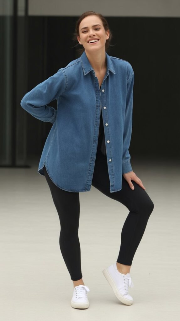 Denim Shirtdress with Leggings and Sneakers