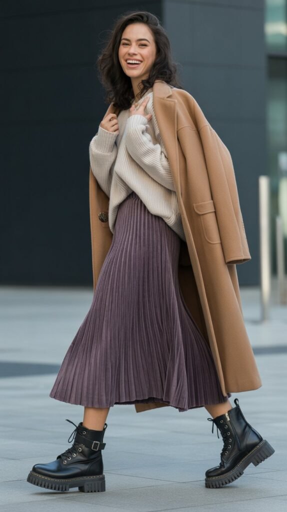 Pleated Skirt with Combat Boots