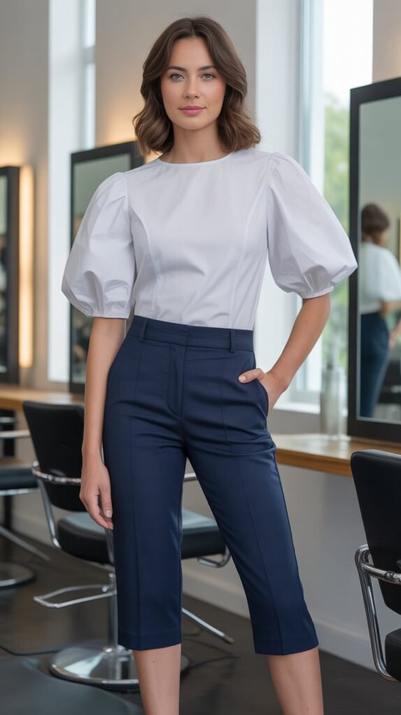 Puff-Sleeve Blouse with Capri Pants