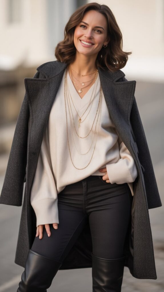 Layered Necklaces with Open-Neck Top and Coat