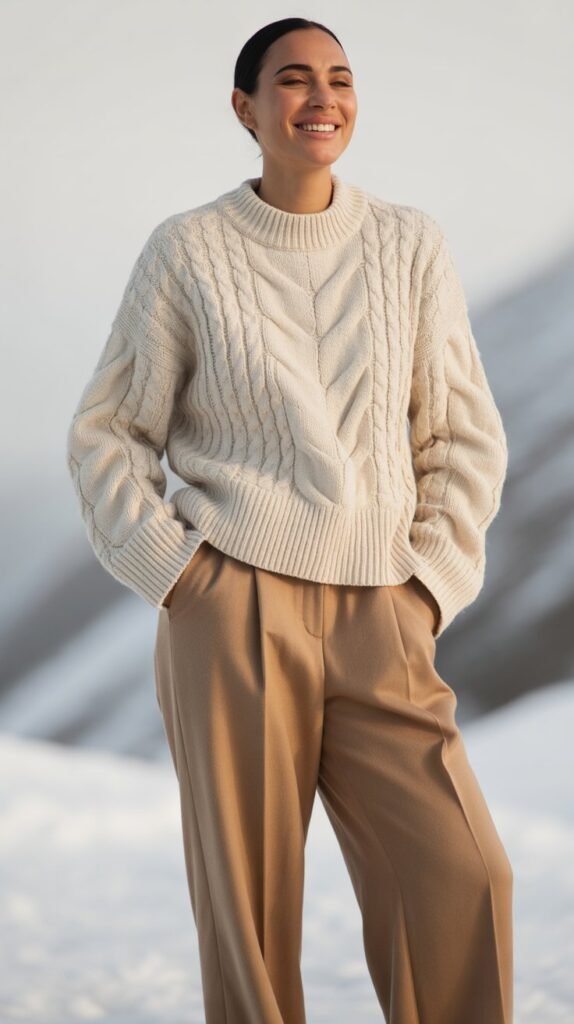  Cream Cable-Knit Sweater with Camel Trousers