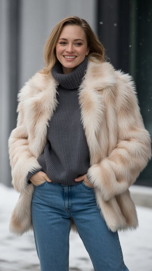  Faux Fur Coat with Denim and Turtleneck