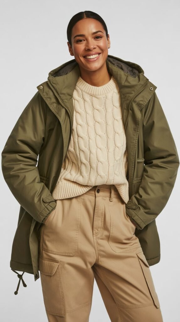 Parka with Sweater and Cargo Pants