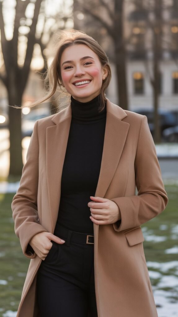 The Camel Coat and Black Turtleneck Ensemble