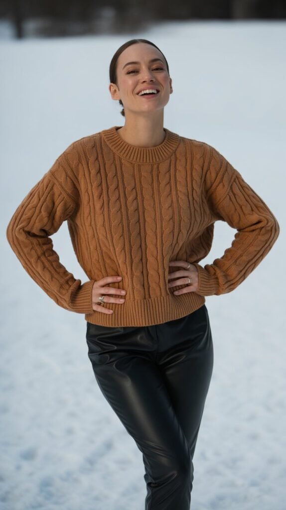 Caramel Sweater with Black Leather Pants