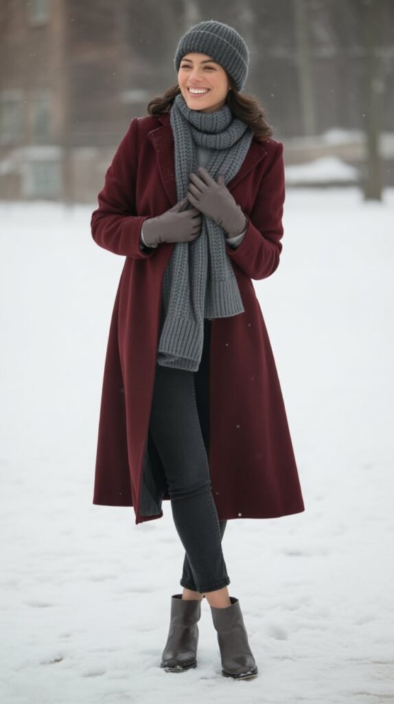 Burgundy Coat with Gray Accessories
