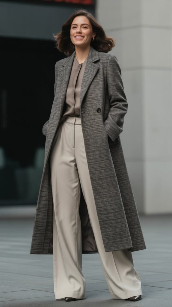 Long Wool Coat with Wide-Leg Trousers