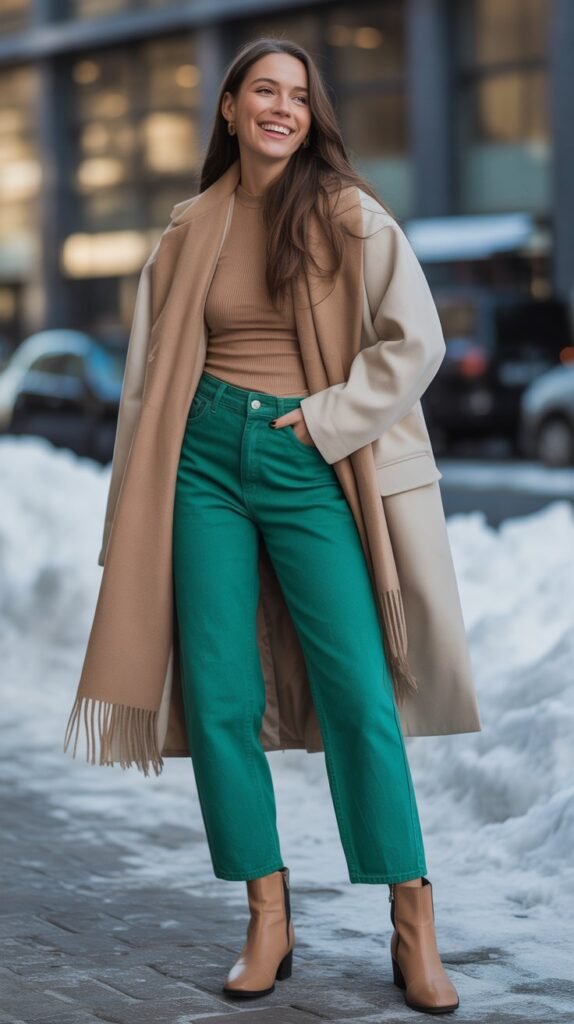 Colored Denim with Neutral Outerwear