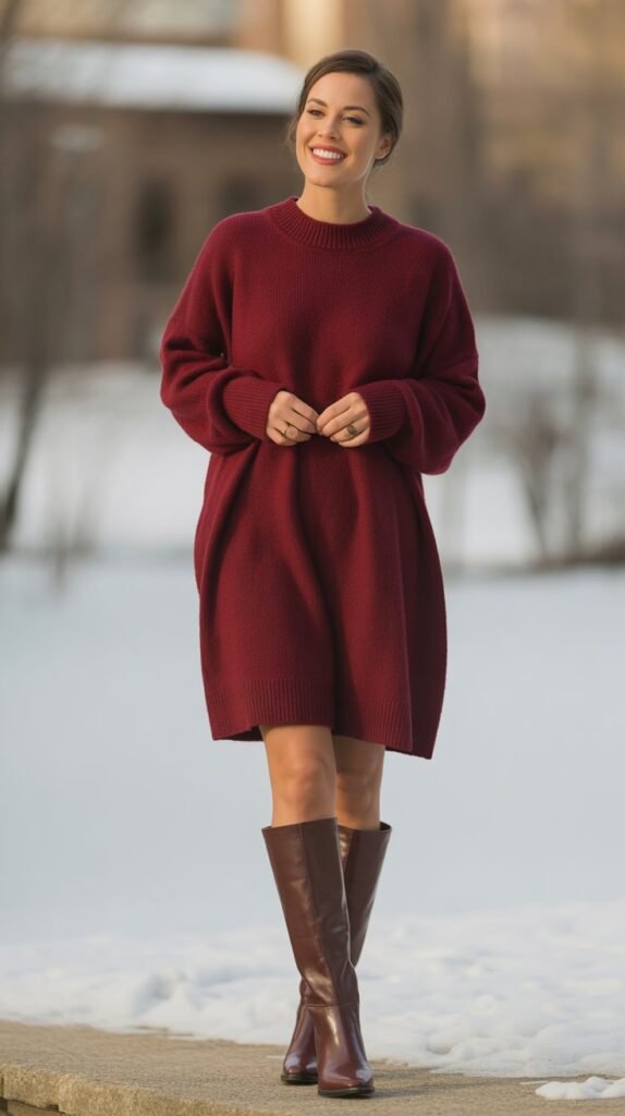 Burgundy Sweater Dress with Tall Boots