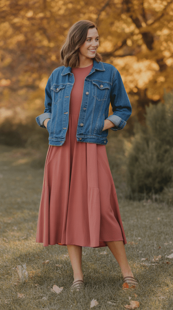 Denim Jacket Layered Over Midi Dress