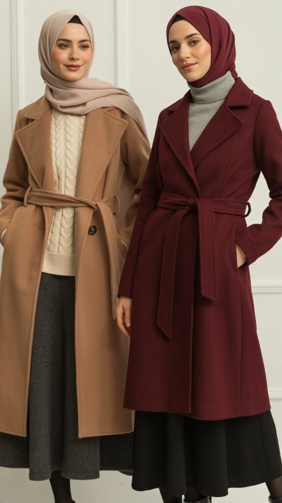 Belted Wool Wrap Coat Over Sweater and Skirt