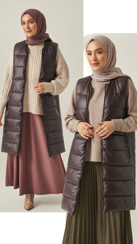 Longline Puffer Vest Over Sweater and Midi Skirt
