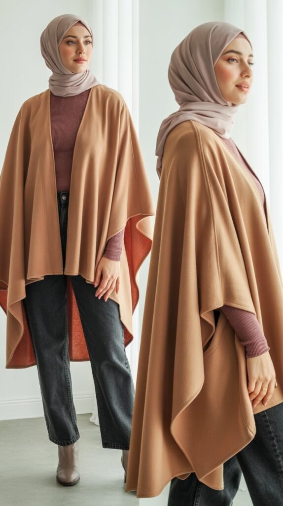 Wool Poncho Over Long-Sleeved Top and Jeans