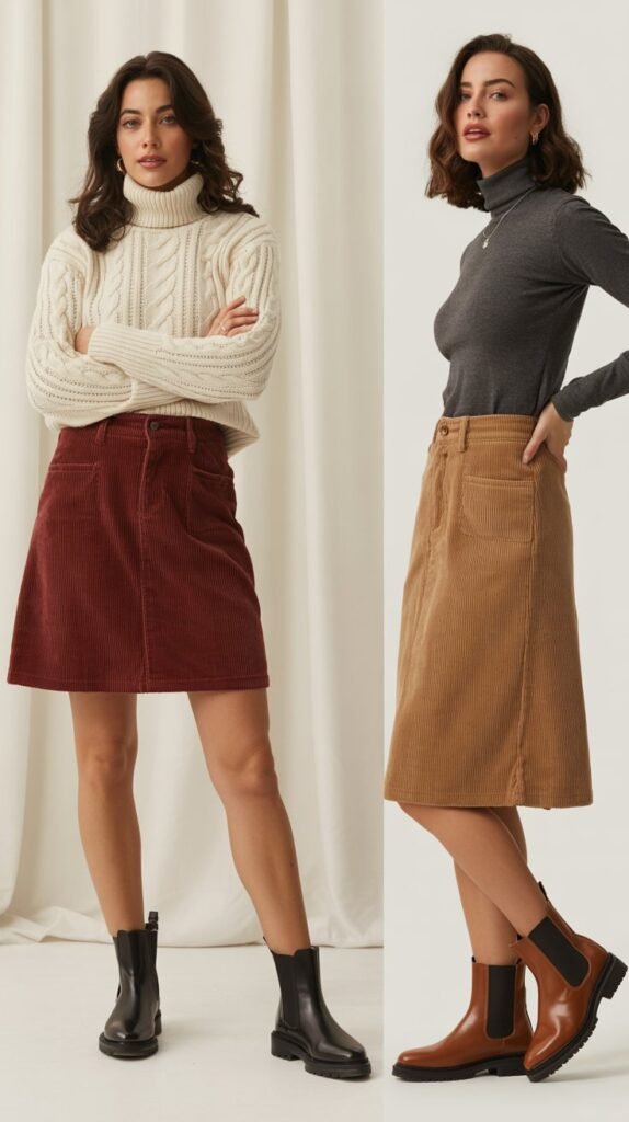 Corduroy Skirt with Turtleneck and Chelsea Boots