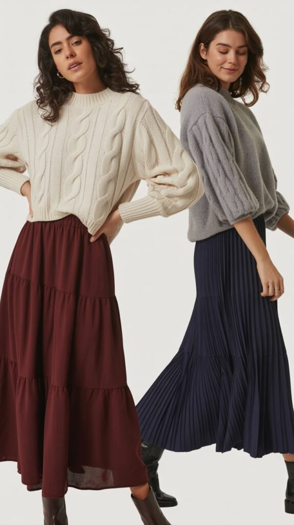 Tiered Midi Skirt with Puff-Sleeve Sweater