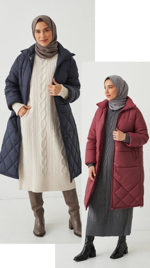 Puffer Coat Over Sweater Dress