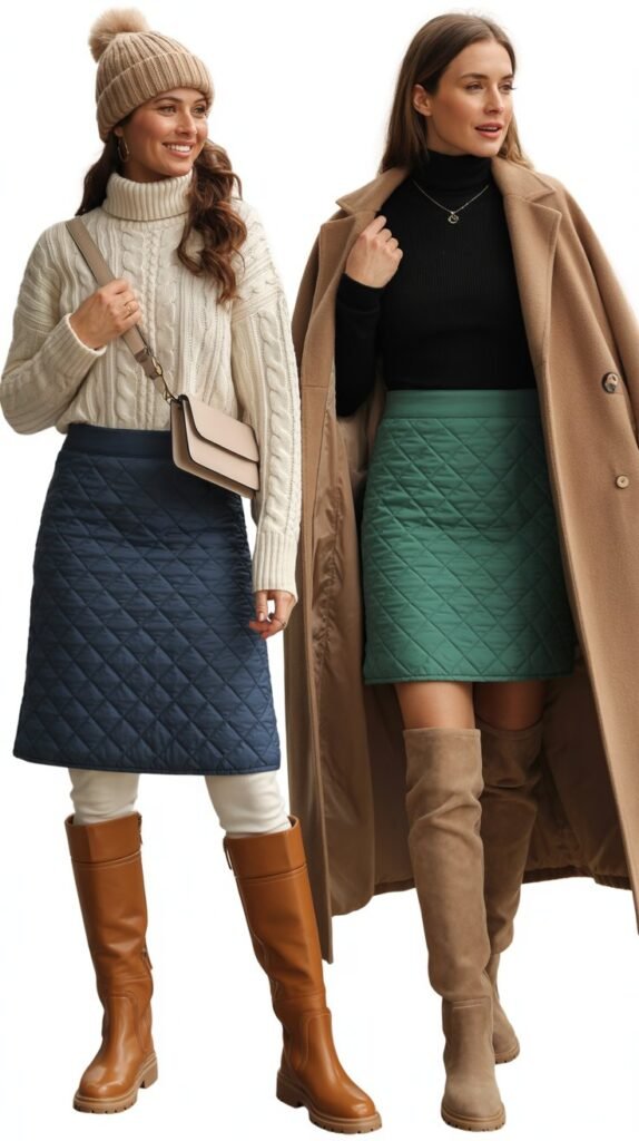 Quilted Skirt with Turtleneck and Snow Boots