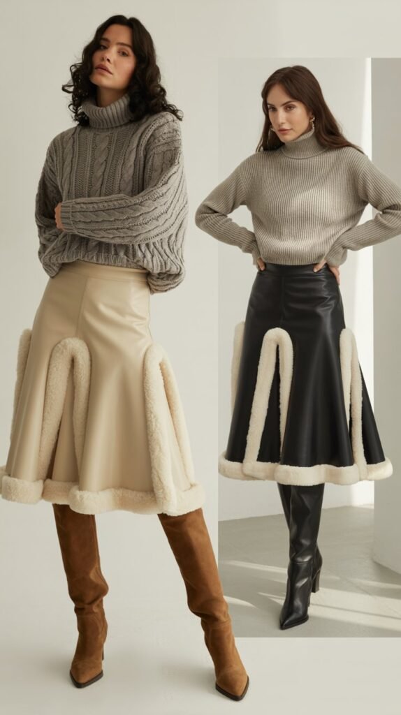 Shearling-Trimmed Skirt with Sweater and Boots