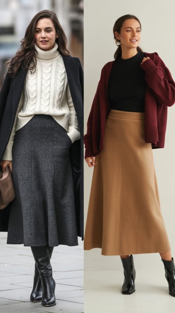 Wool Midi Skirt with Layered Sweaters