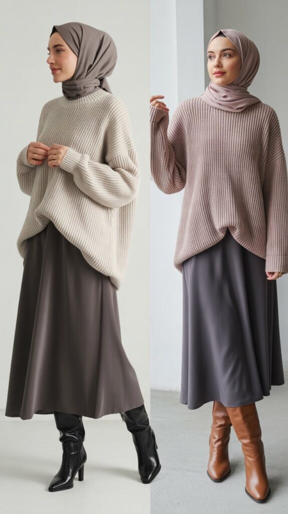 Oversized Sweater with Midi Skirt and Knee-High Boots