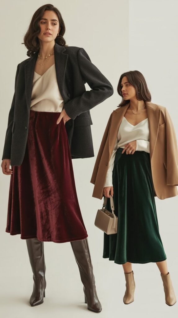 Velvet Skirt with Silk Camisole and Blazer