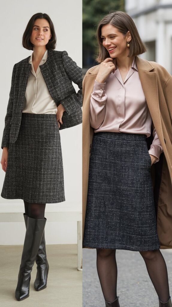 Tweed A-Line Skirt with Silk Blouse