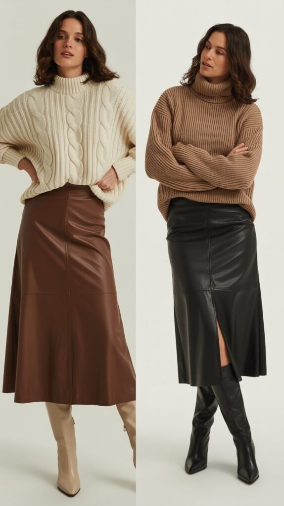 Midi Leather Skirt with Chunky Knit Sweater