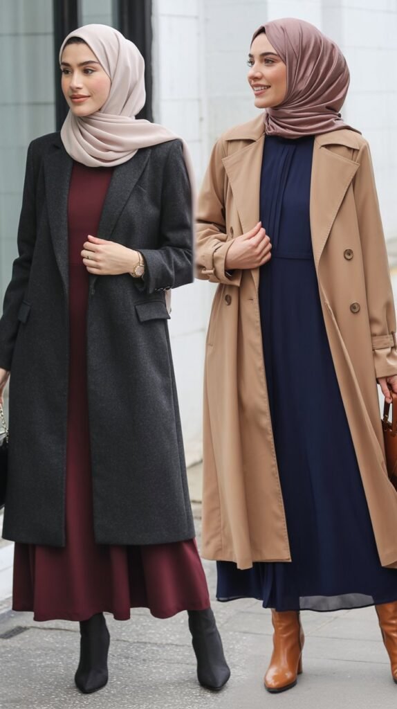 The Classic Long Coat Over Midi Dress Combination