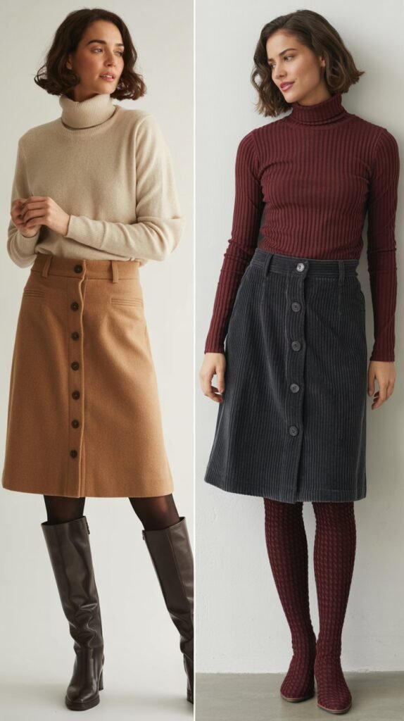 Button-Front Skirt with Turtleneck and Tights
