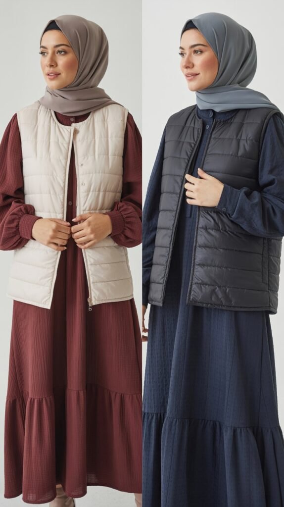 Quilted Vest Over Long-Sleeved Dress