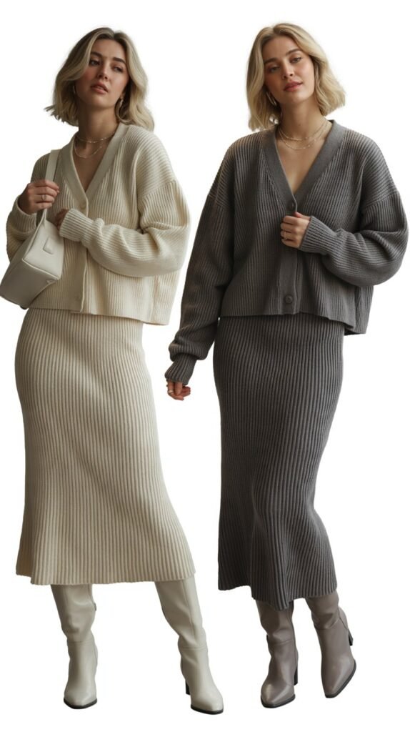 Knit Midi Skirt with Matching Cardigan Set