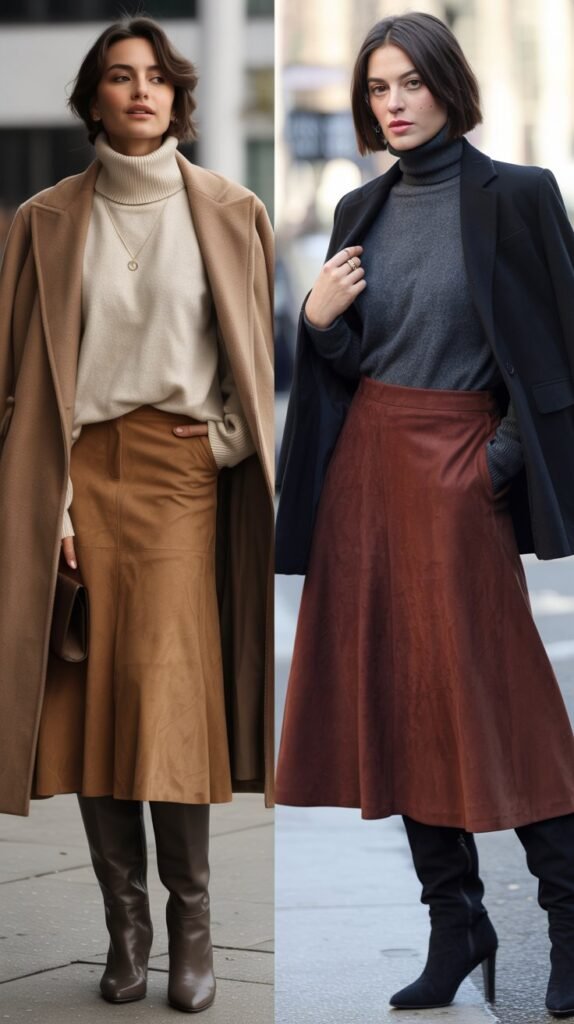 Suede Skirt with Cashmere Turtleneck