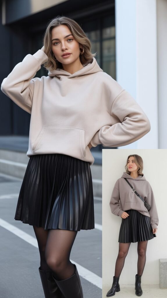 Faux Leather Pleated Skirt with Hoodie