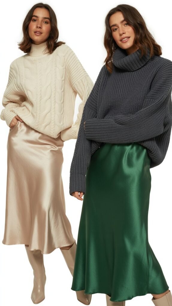 Satin Midi Skirt with Oversized Sweater