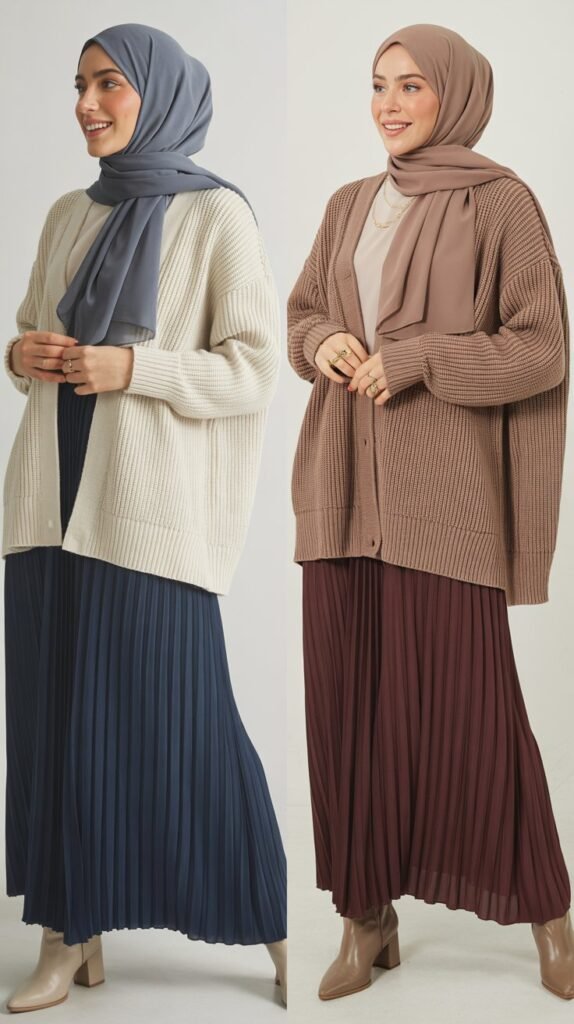 Pleated Maxi Skirt with Oversized Cardigan