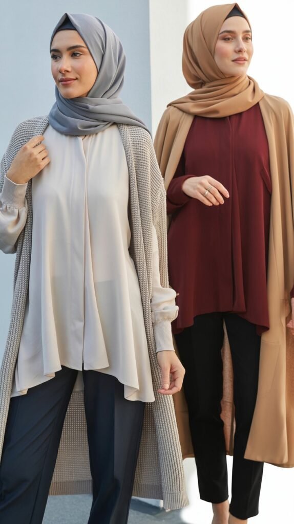 Layered Cardigan Over Tunic and Pants